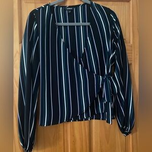 Express Green/Blue/White/Black Striped Wrap Blouse - Size S